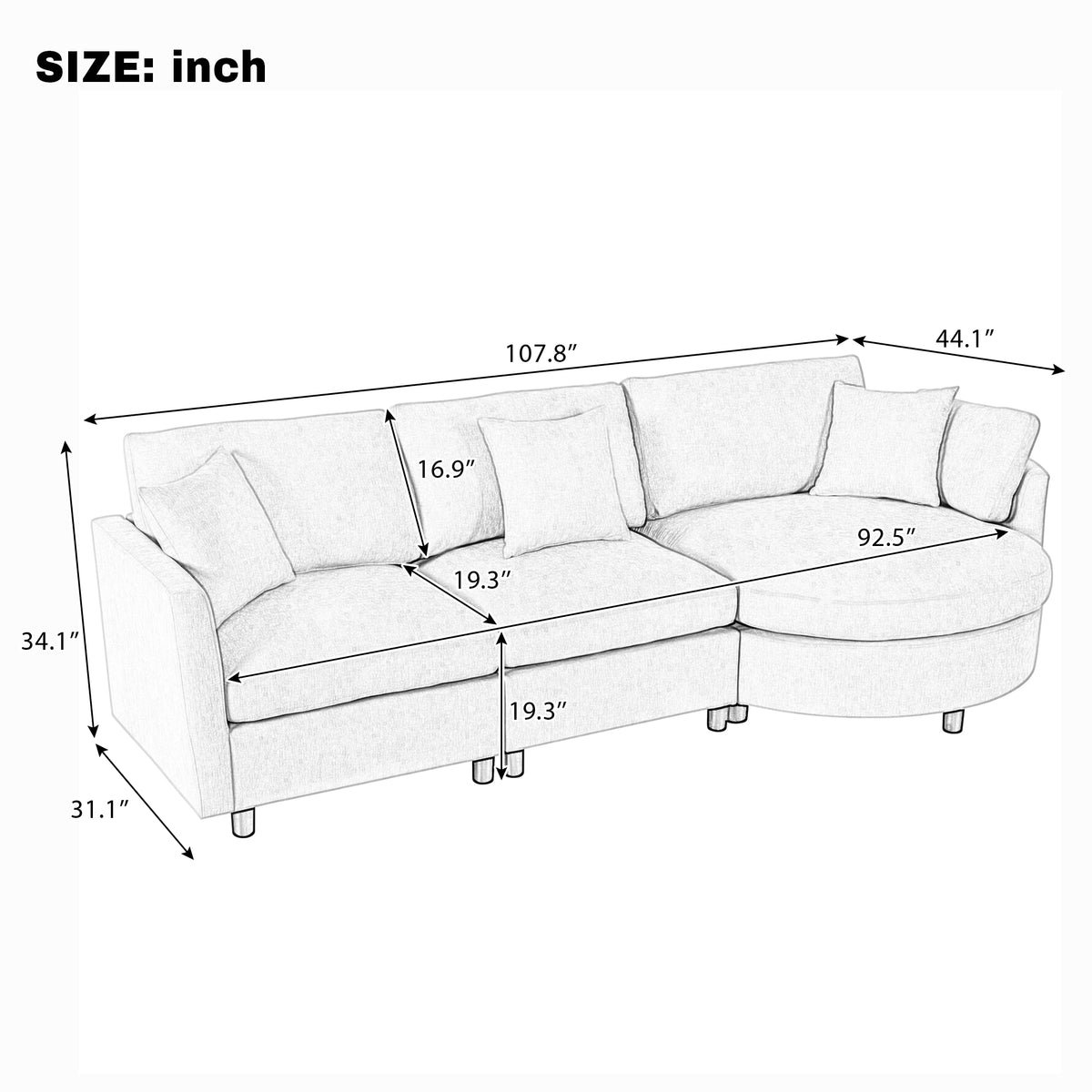 variant-group:rf-n711wy000461aae|Roomfitters 107" Chenille Fabric 3-Piece Sectional Sofa, Modern Large L-Shaped Couch with Rounded Curved Chaise, Grey