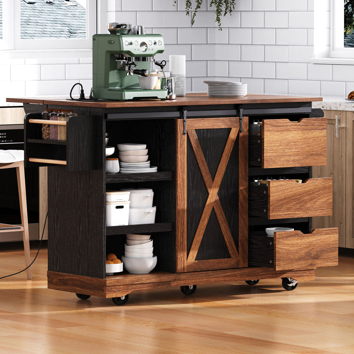 variant-group:rf-n707p288229b|Roomfitters 55.5" Rolling Kitchen Island with Drop Leaf, Mobile Kitchen Storage Cart with Sliding Barn Door, Power Outlets, Black