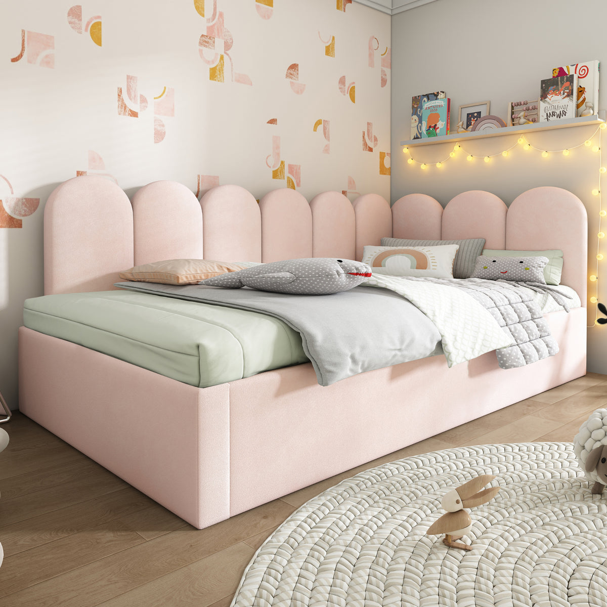 variant-group:rf-n736aa20362122p|Roomfitters Velvet Upholstered Twin Daybed with Pull Out Trundle, Sofa Bed with Metal Slat Frame, Pink