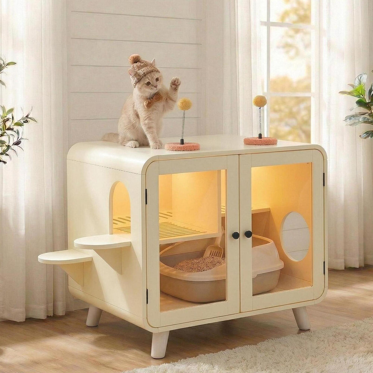 variant-group:rf-n704p419240a|Roomfitters Retro TV-Style Hidden Cat Litter Box Enclosure with App Controlled RGB LED Lights and Stairs Beige