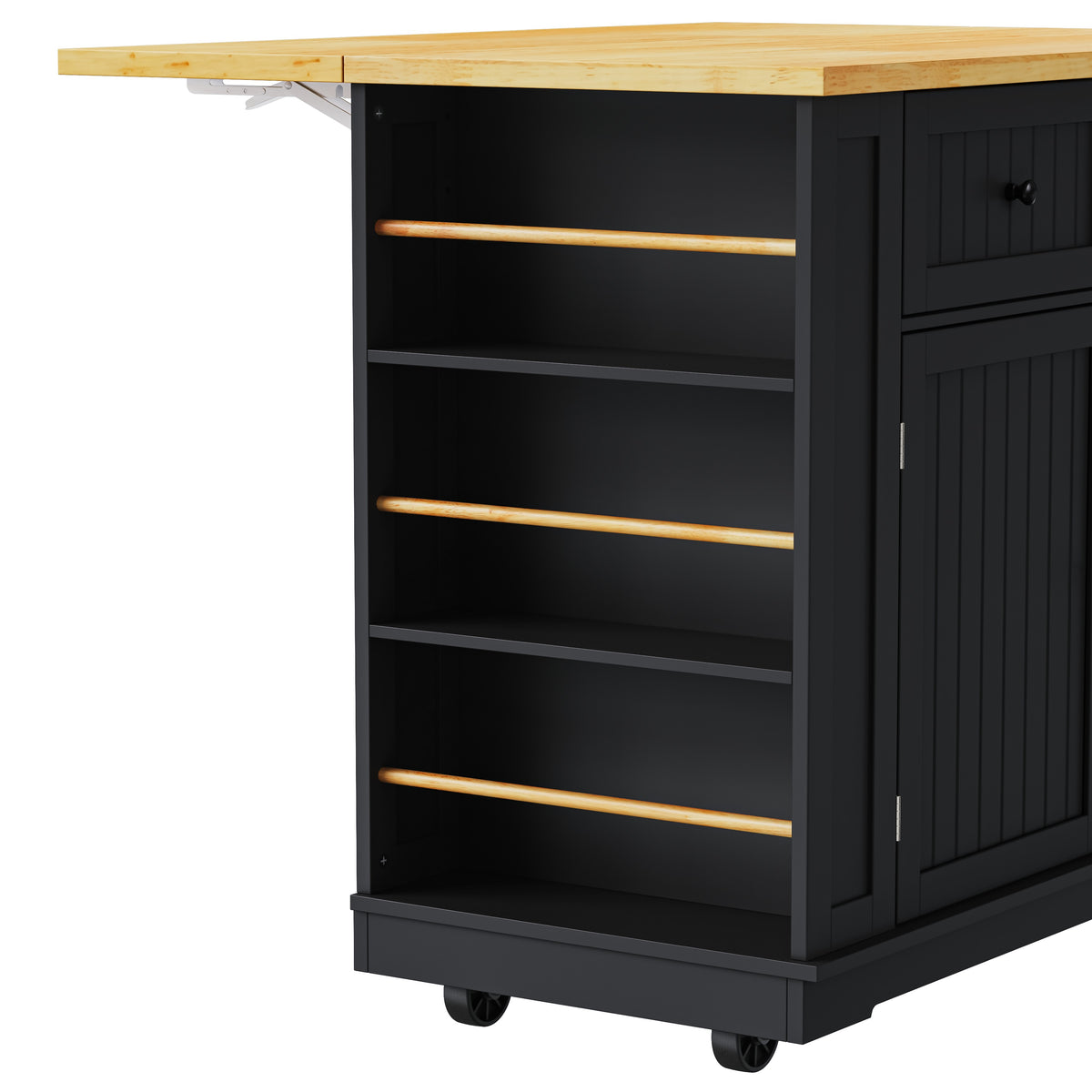 variant-group:rf-n707s257057b|Roomfitters 48" Kitchen Island with Power Outlet and Drop Leaf, Rolling Storage Cabinet with Wood Top and Spice Rack, Black