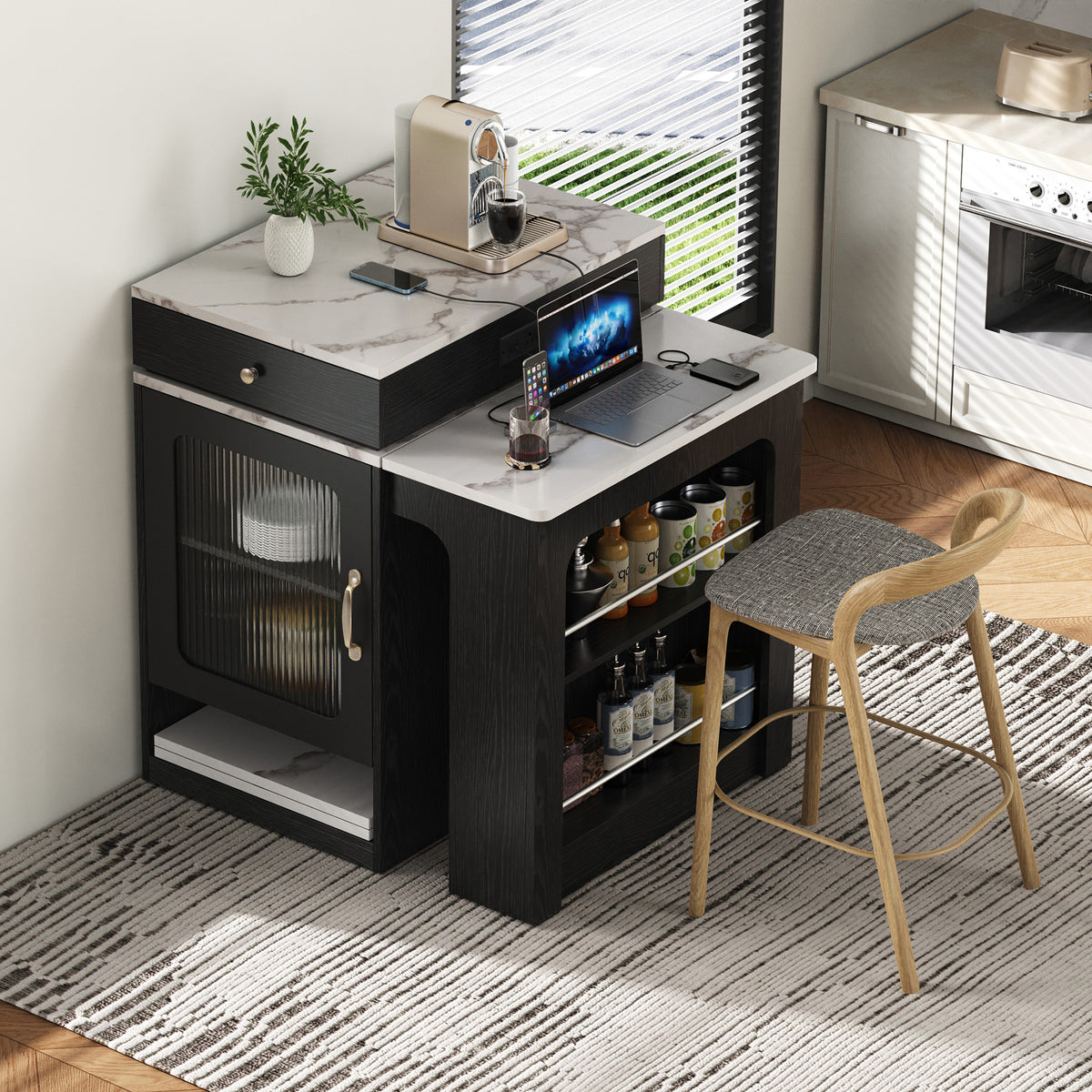 variant-group:rf-n707s000017b|Roomfitters 59.5" Kitchen Island with 41.8" Extendable Dining Table, Double-Sided Storage, Power Outlet, 2 Drawers, Black