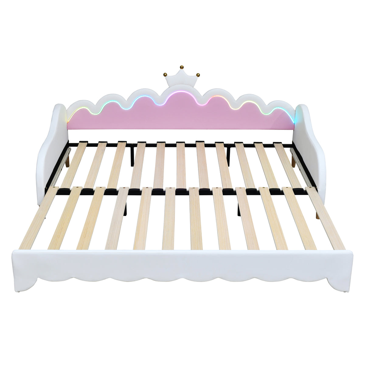 variant-group:rf-n733hl000104aak|Roomfitters Twin Extending Daybed with Lights, Modern Upholstered Princess Daybed with Crown Headboard, Sophisticated and Functional Design, White