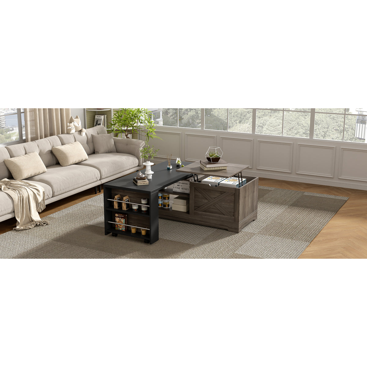 variant-group:rf-n724p351732e|Roomfitters Farmhouse Lift Top Coffee Table with Barn Doors and Outlets, Brown & Black