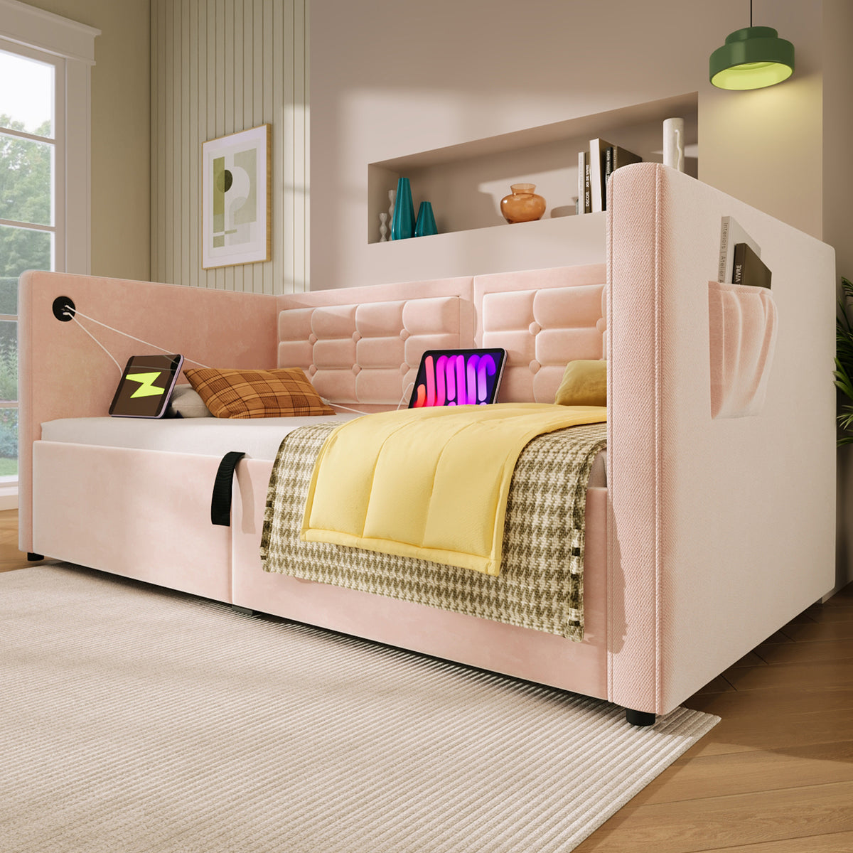 variant-group:rf-n736p303402p|Roomfitters Upholstered Twin Size Daybed with Storage, USB & Type-C Charging, Tufted Sofa Back, Velvet Pink