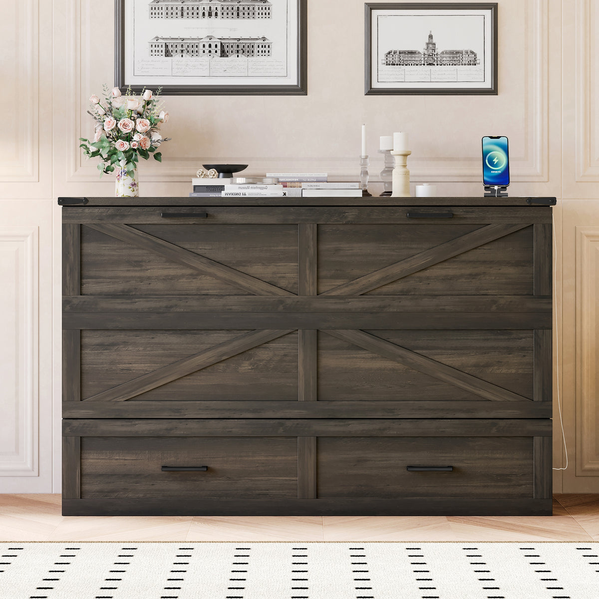 variant-group:rf-n733s361778g|Roomfitters Queen Farmhouse Murphy Cabinet Bed with Charging Station, Foldable Platform Bed with Storage Drawer, Rustic Gray