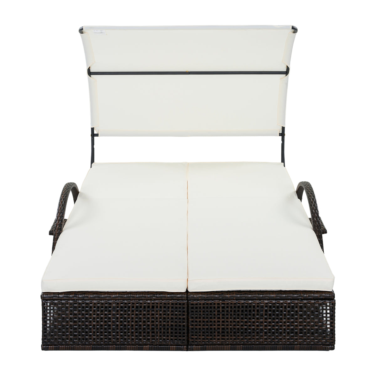 variant-group:rf-n711wy000485aaa|Roomfitters Beige HDPE Wicker Outdoor Double Sunbed, Steel Frame Patio Chaise, Hidden Side Tables, Canopy Shade