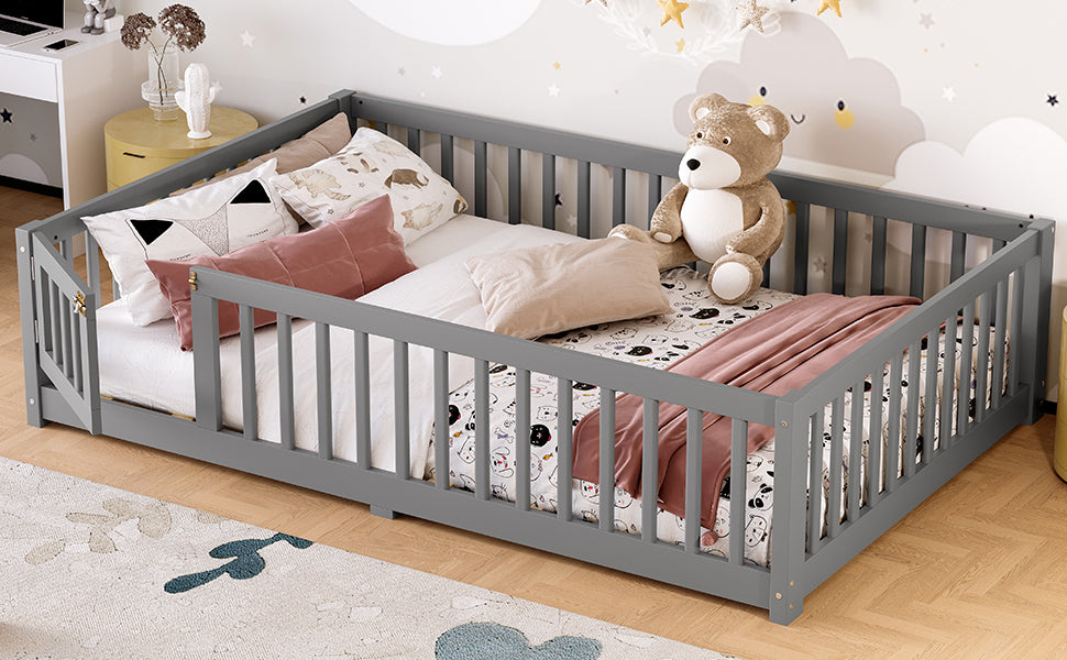 variant-group:rf-w1580p338951|Roomfitters Wooden Full Floor Bed Frame with Door & Safety Guardrails, Low Platform Design for Bedroom or Playroom, Gray