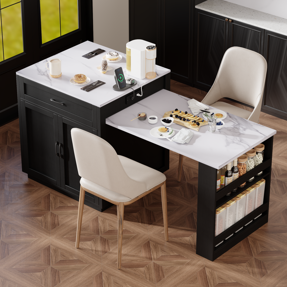 variant-group:rf-n707s000010b|Roomfitters 82.7" Kitchen Island with Extendable Table, Faux Marble Top, Double Storage, Power Outlet, Black