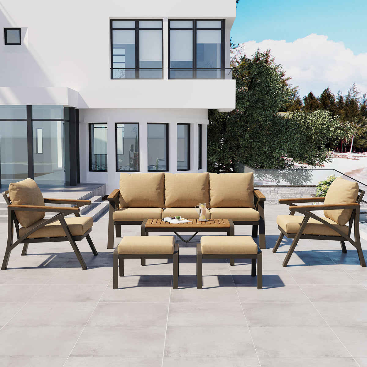 variant-group:rf-n704g201256d|Roomfitters 6-Piece Steel Conversation Set with 3-Seat Sofa Multi-Functional Ottomans and Acacia Wood Table Brown