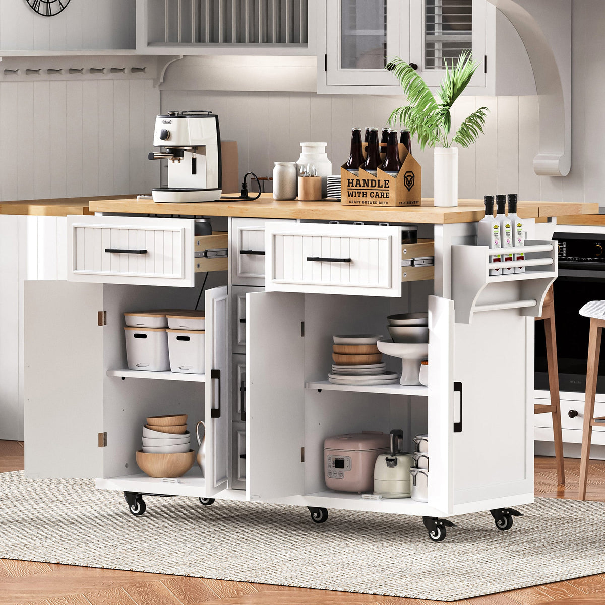 Roomfitters 56.5" Kitchen Island with Drop Leaf, Rolling Kitchen Cart with 5 Storage Drawers, Spice Rack & Towel Holder, White