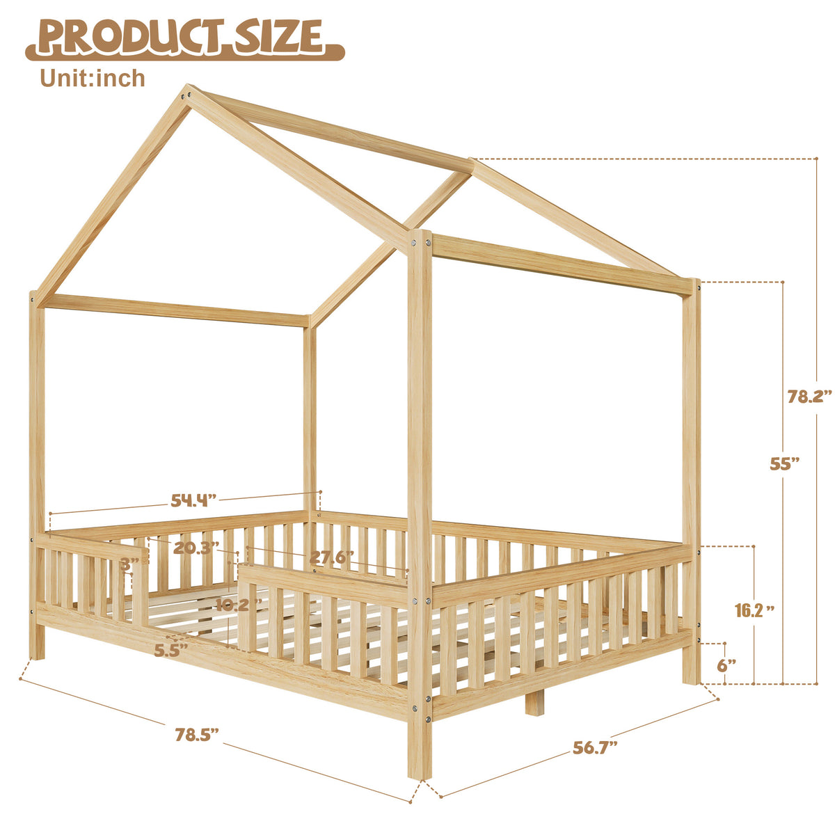 variant-group:rf-n733p356048m|Roomfitters Full Montessori Floor Bed with Canopy, House Shape Wood Frame with Safety Rails, Platform Bed, Natural