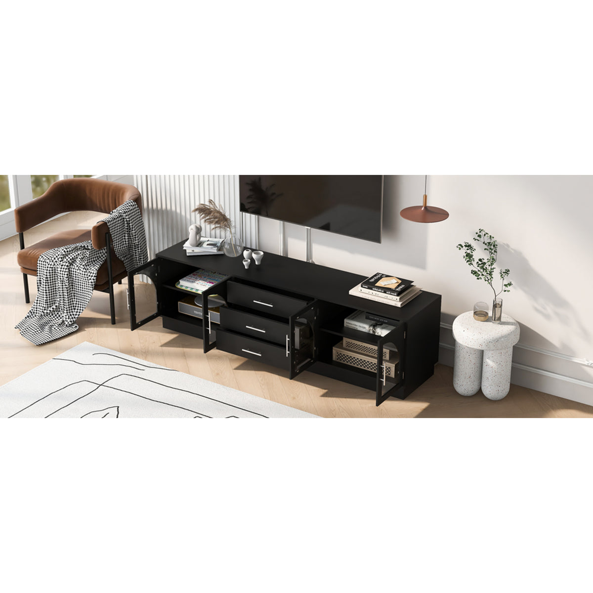 variant-group:rf-n724p284467b|Roomfitters Modern Minimalist TV Stand for up to 75 Inch TV, Entertainment Console Cabinet with Adjustable Shelves, Black