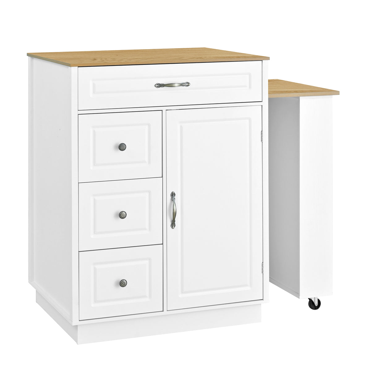 variant-group:rf-n711wy000493aak|Roomfitters White and Natural Wood MDF Extendable Bar Cabinet, Rolling Kitchen Island Table, Wine Rack Storage
