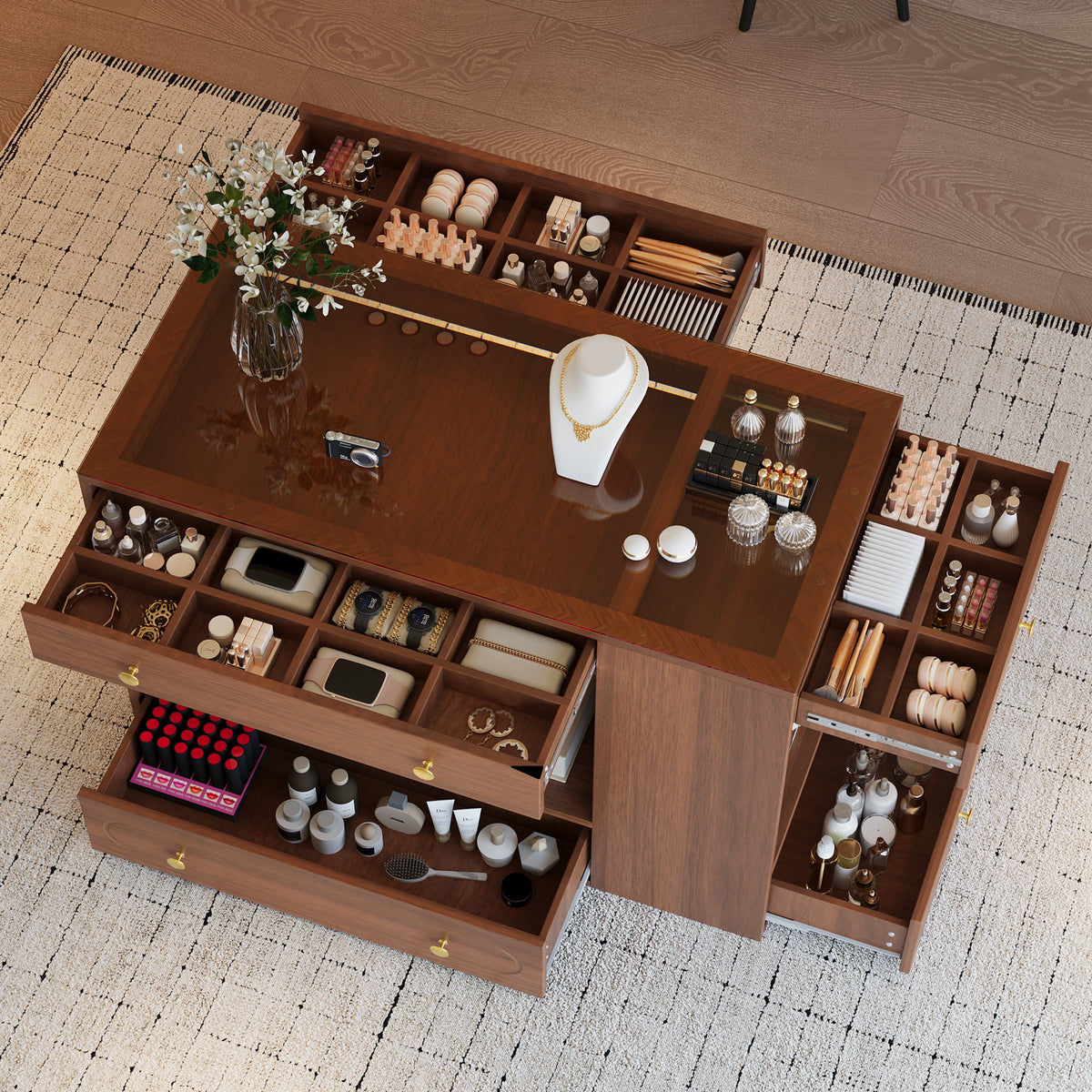 Roomfitters Closet Island with 6 Drawers, Glass Display Top and Open Shelves, Wardrobe Storage and Jewelry Vanity, Walnut