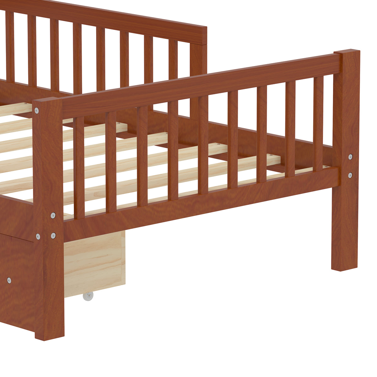 variant-group:rf-n733p272374d|Roomfitters Twin Bed with Headboard Storage Rack, Under-Bed Storage and Three-Side Guardrails, Walnut