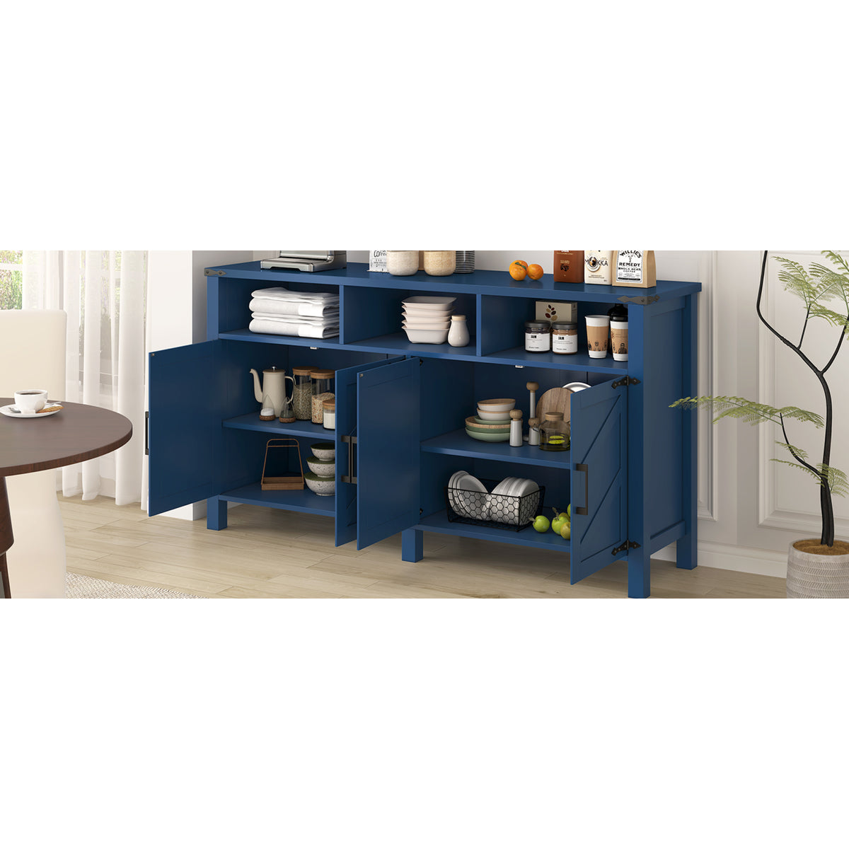 variant-group:rf-n711p347407v|Roomfitters 59" Sideboard Buffet Cabinet with 4 Door & Open Storage, Modern Farmhouse Industrial Coffee Bar Station, Navy Blue