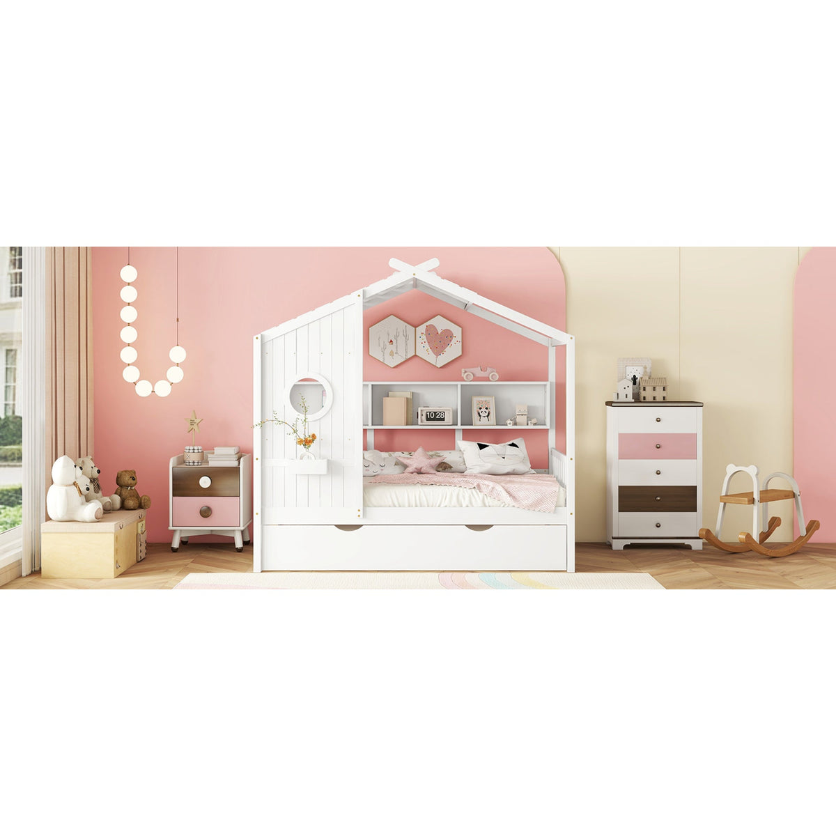 Roomfitters Wooden Twin Size House Bed with Trundle and Storage Shelf, White