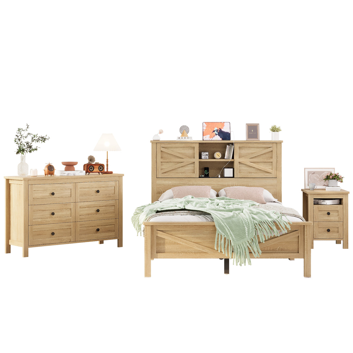 variant-group:rf-n733s369048m|Roomfitters 3 Piece Bedroom Set, Full Farmhouse Platform Bed with Sliding Headboard, Bedside Tables, Natural