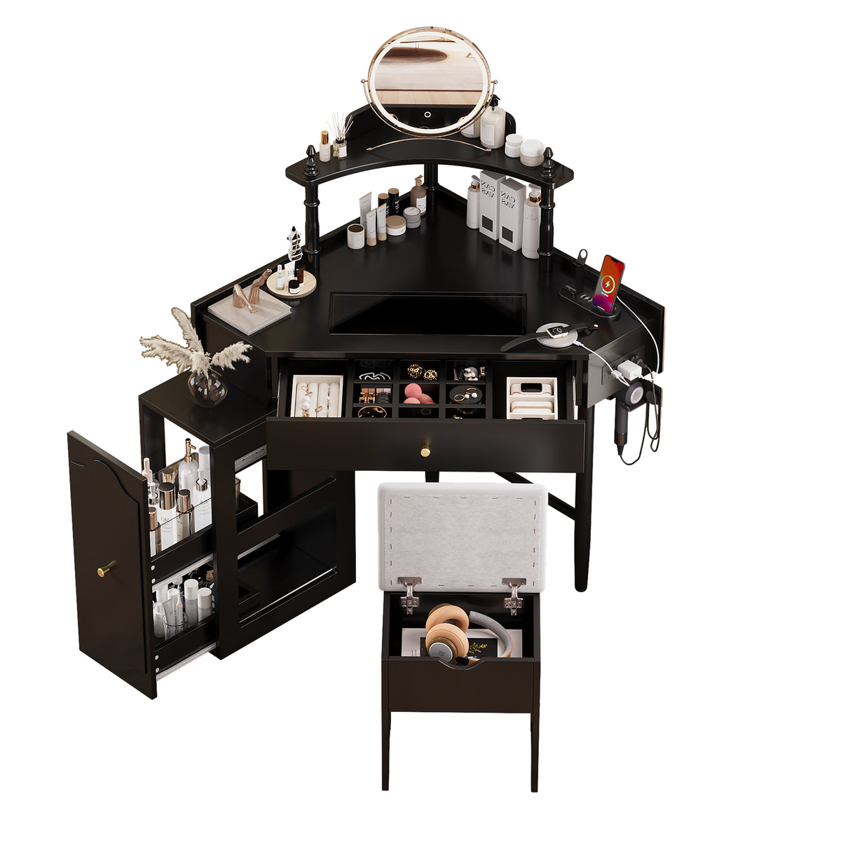 variant-group:rf-n733p336237b|Roomfitters Corner Vanity Desk Set with Stool, Charging Station, Glass Top, Drawer, Shelf, Pull-Out Cabinet, Black