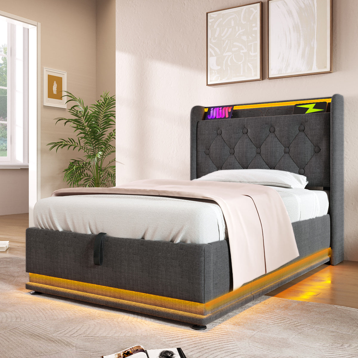 variant-group:rf-n736p188805g|Roomfitters Twin Size Upholstered Storage Bed with USB Type-C Charging and Remote Control, Linen Gray