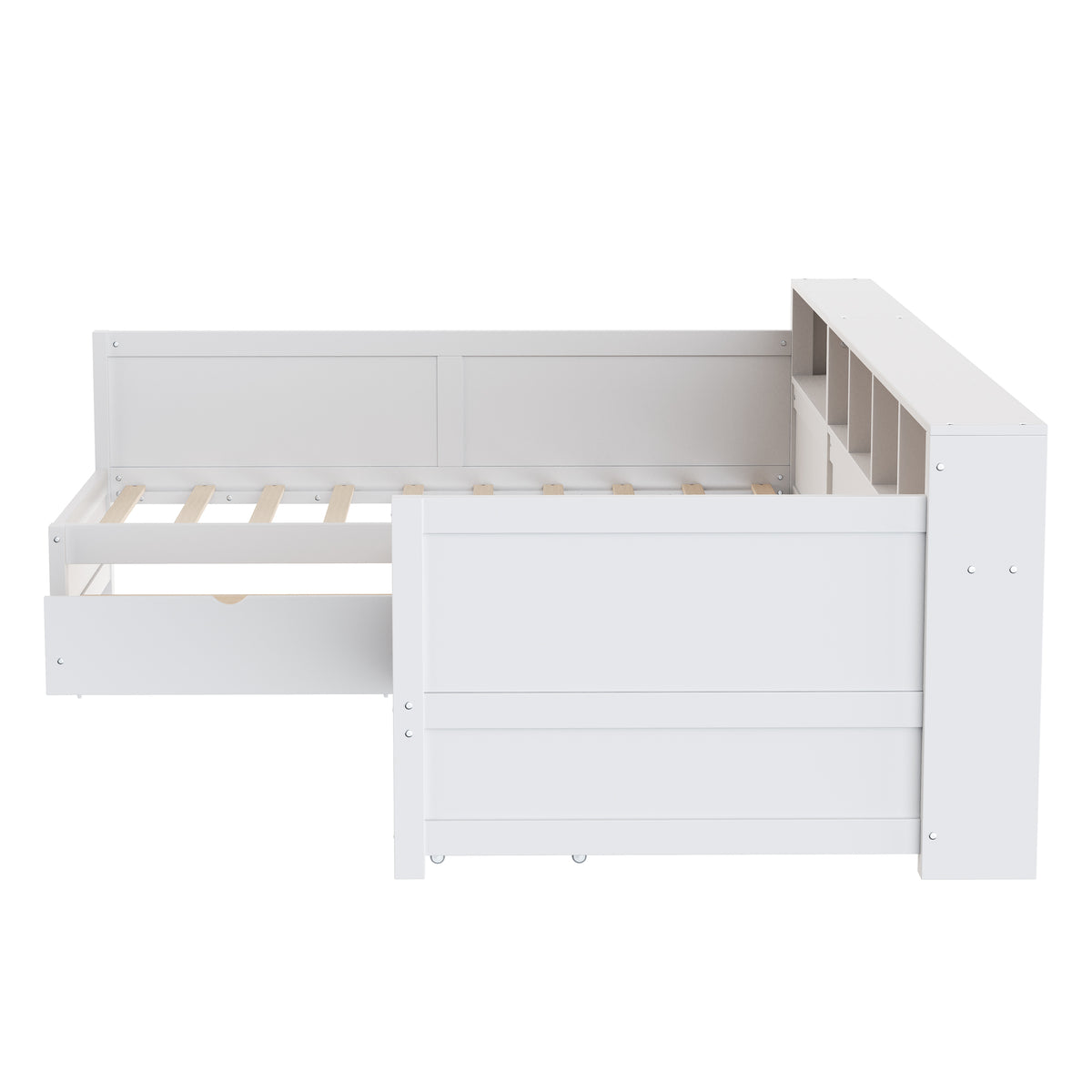 variant-group:rf-n733s369272k|Roomfitters Twin L-Shaped Daybed for 2 with 3 Storage Drawers, Wooden Corner Bed Frame with Bookshelf for Bedroom, White