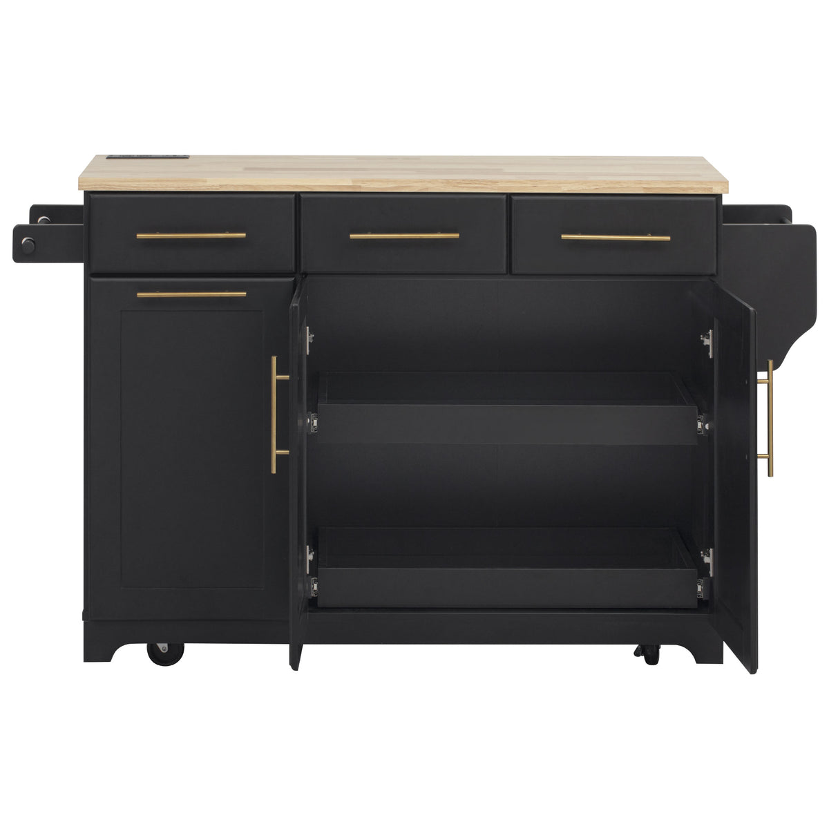 variant-group:rf-n707s299014b|Roomfitters 59.3" Kitchen Island with Power Outlet, Drop Leaf and Double Trash Can Pull Out, Rolling Cart, Black
