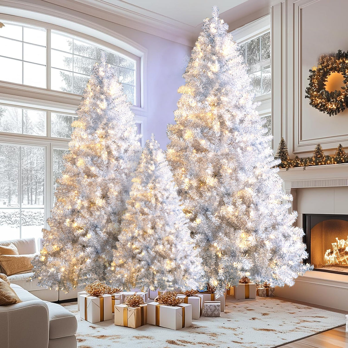 Roomfitters Pre-Lit Artificial Christmas Tree Set 4FT 6FT 7.4FT, Holiday Trees with Metal Stands, Warm Lights, 2400 Tips, Silver Roomfitters