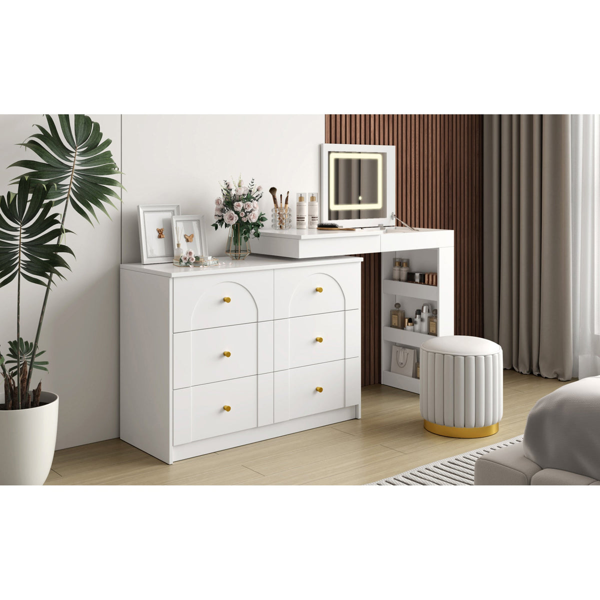 Roomfitters Vanity Desk with Mirror & Lights, Flip-Top Makeup Table with 7 Drawers, 9 Compartments, 3 Shelves, White