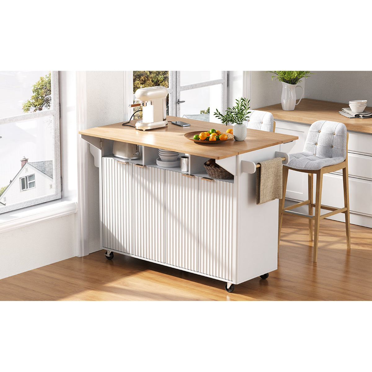 variant-group:rf-n707p353934w|Roomfitters 55.5" Fluted Kitchen Island with Double Drop Leaf, White Storage Cart with Power Outlet & Wood-grain Top