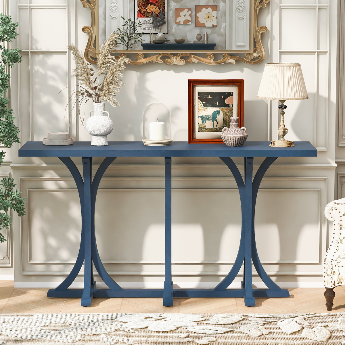 variant-group:rf-n711p295300v|Roomfitters 59.8" Console Table with Oak Veneer Top, Modern Arched Leg Entryway Sofa Table for Hallway & Living Room, Navy Blue