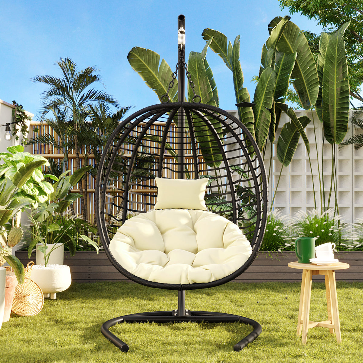 variant-group:rf-n711p389503a|Roomfitters Single Person Folding Egg Chair with Stand, UV Resistant Wicker Rattan Swing for Patio, Garden, Black+Beige