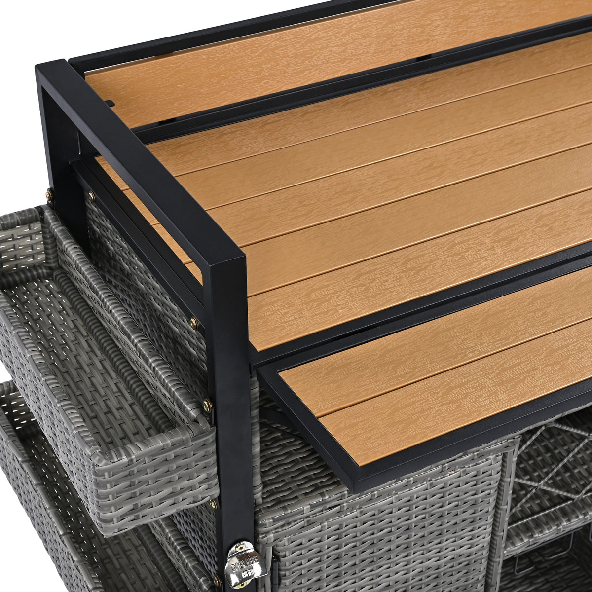 variant-group:rf-n707p233747g|Roomfitters 52.8" Wicker Outdoor Grill Cart with Plastic Wood Table, Rolling Island with Storage Cabinet, Double Handles, Grey