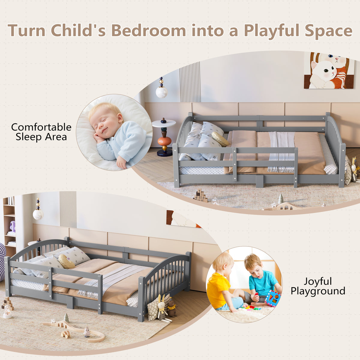 variant-group:rf-n733p400299e|Roomfitters Full Montessori Floor Bed with Guardrails, Solid Wood Low Platform Bed with Slats, Easy Assembly, Gray