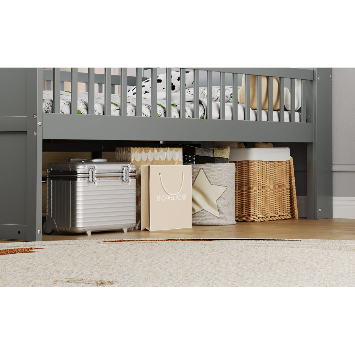 variant-group:rf-n733s278032e|Roomfitters Twin Platform Bed Frame with Four Drawers, Wooden Kids Bed with Guardrail Headboard and Ladder, Gray