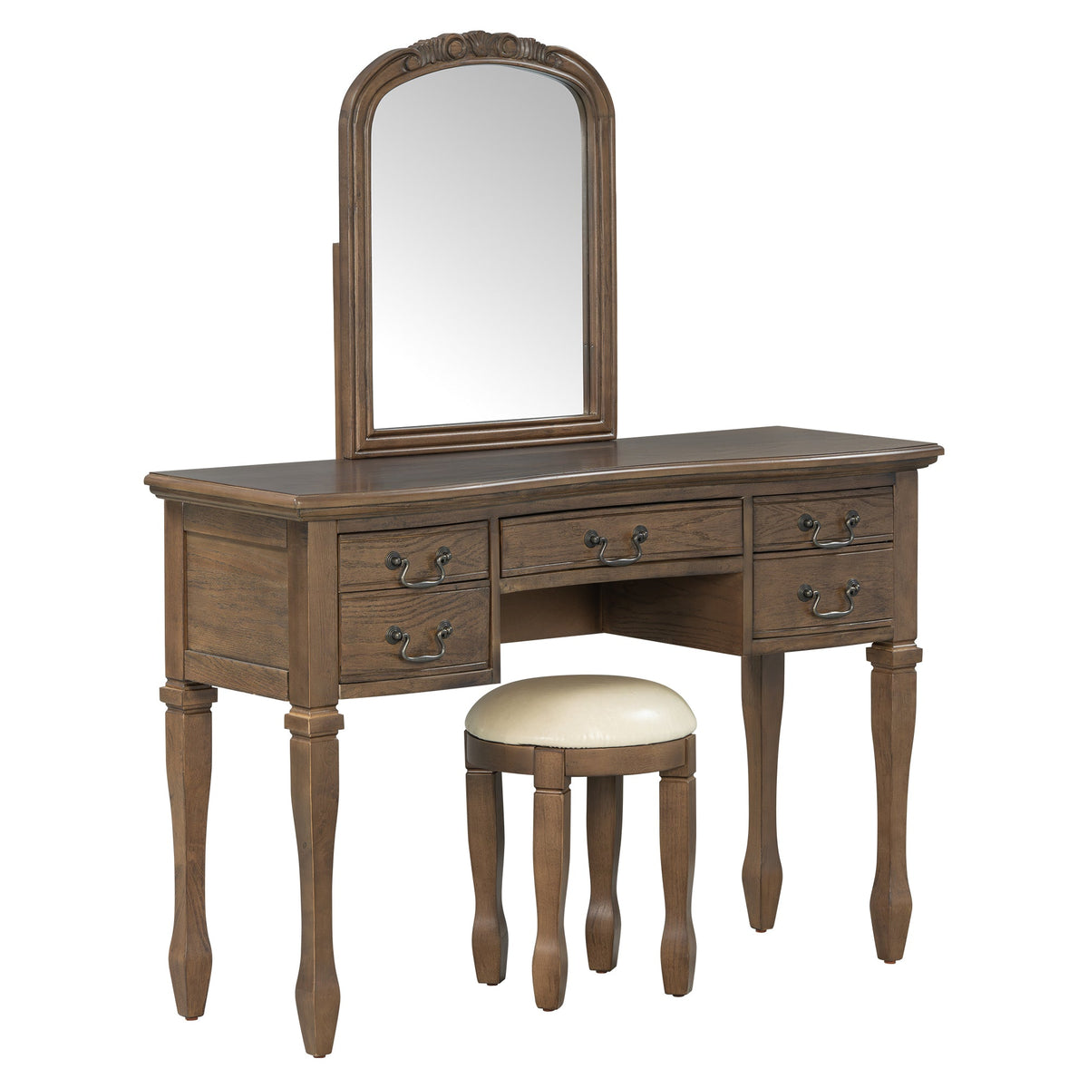 Roomfitters 46-Inch Vintage Makeup Vanity Table with Curved Flower Frame Mirror and Upholstered Leather Stool Espresso Roomfitters