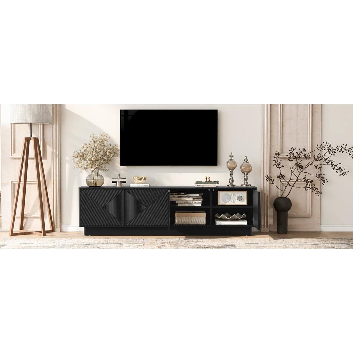 variant-group:rf-n724p426846b|Roomfitters Stylish 4-Door Wave Design TV Console with 16-Color USB LED Light, Black