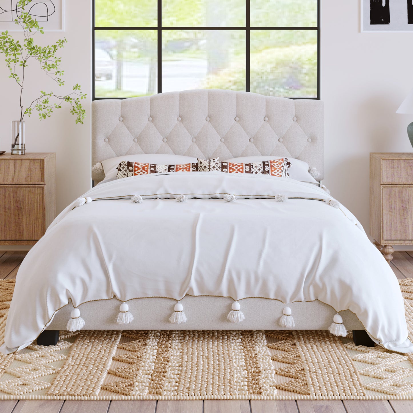 variant-group:rf-n701p342915b|Roomfitters Queen Size Elegant Tufted Upholstered Platform Bed Frame, Diamond Button Headboard, No Box Spring Needed, Beige