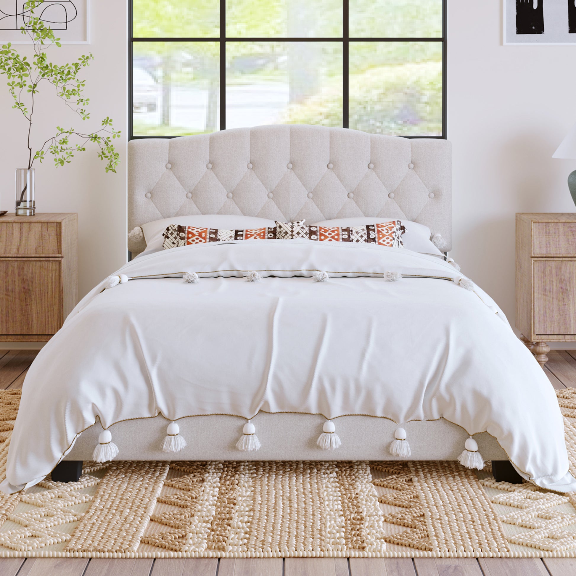 variant-group:rf-n701p342915b|Roomfitters Queen Size Elegant Tufted Upholstered Platform Bed Frame, Diamond Button Headboard, No Box Spring Needed, Beige