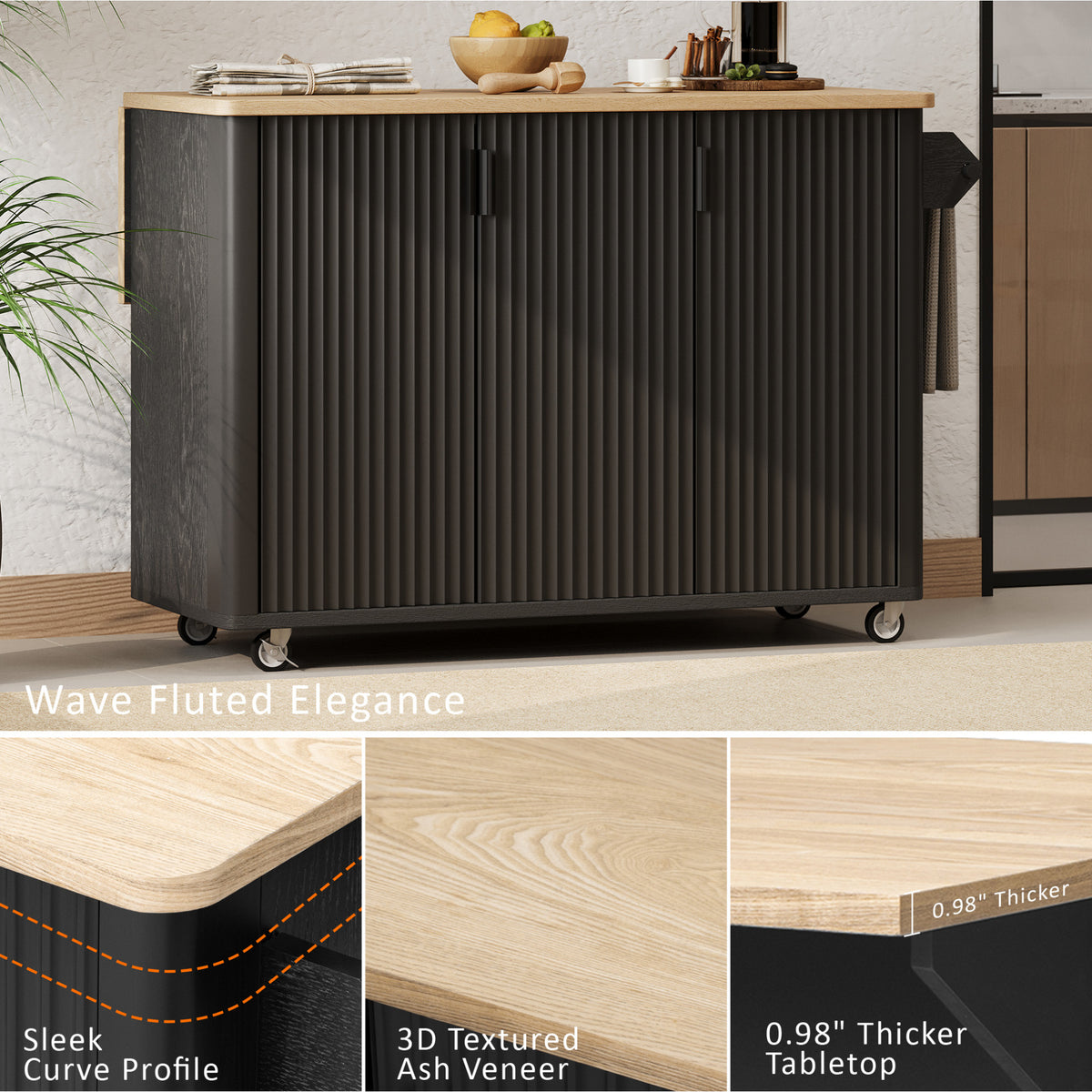 variant-group:rf-n707p221446b|Roomfitters 51" Fluted Kitchen Island with Drop Leaf, Rolling Cart with Storage Rack, Farmhouse Style, Towel Rack, Black