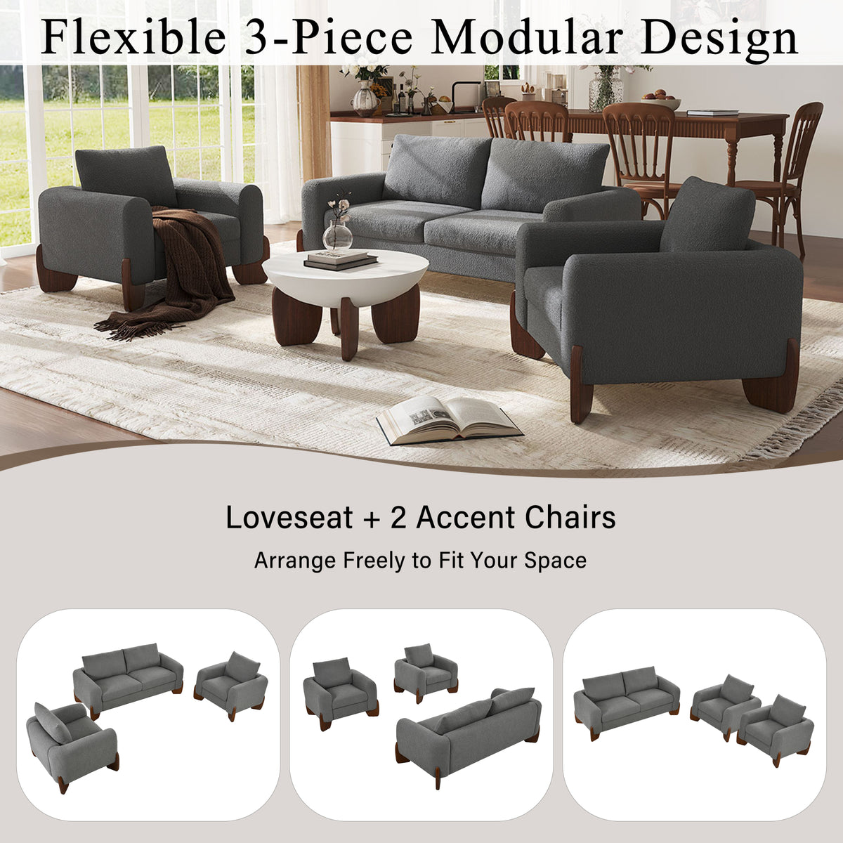 variant-group:rf-n711wy000479aae|Roomfitters Modern 3-Piece Living Room Sofa Set, Bouclé Fabric Loveseat and 2 Armchairs Pack, Grey Pinewood Lounge