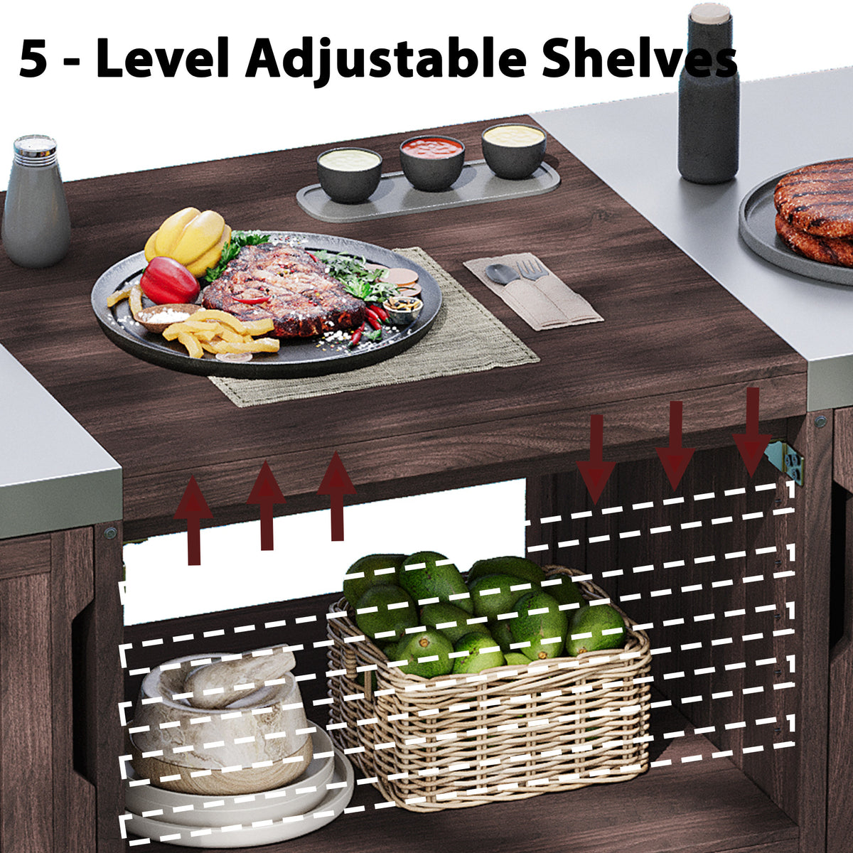 variant-group:rf-n707p250629z|Roomfitters 66.5" Outdoor Kitchen Island for Big Kamado Grills, Wood Grill Cart with Stainless Steel Top, Storage, Dark Brown