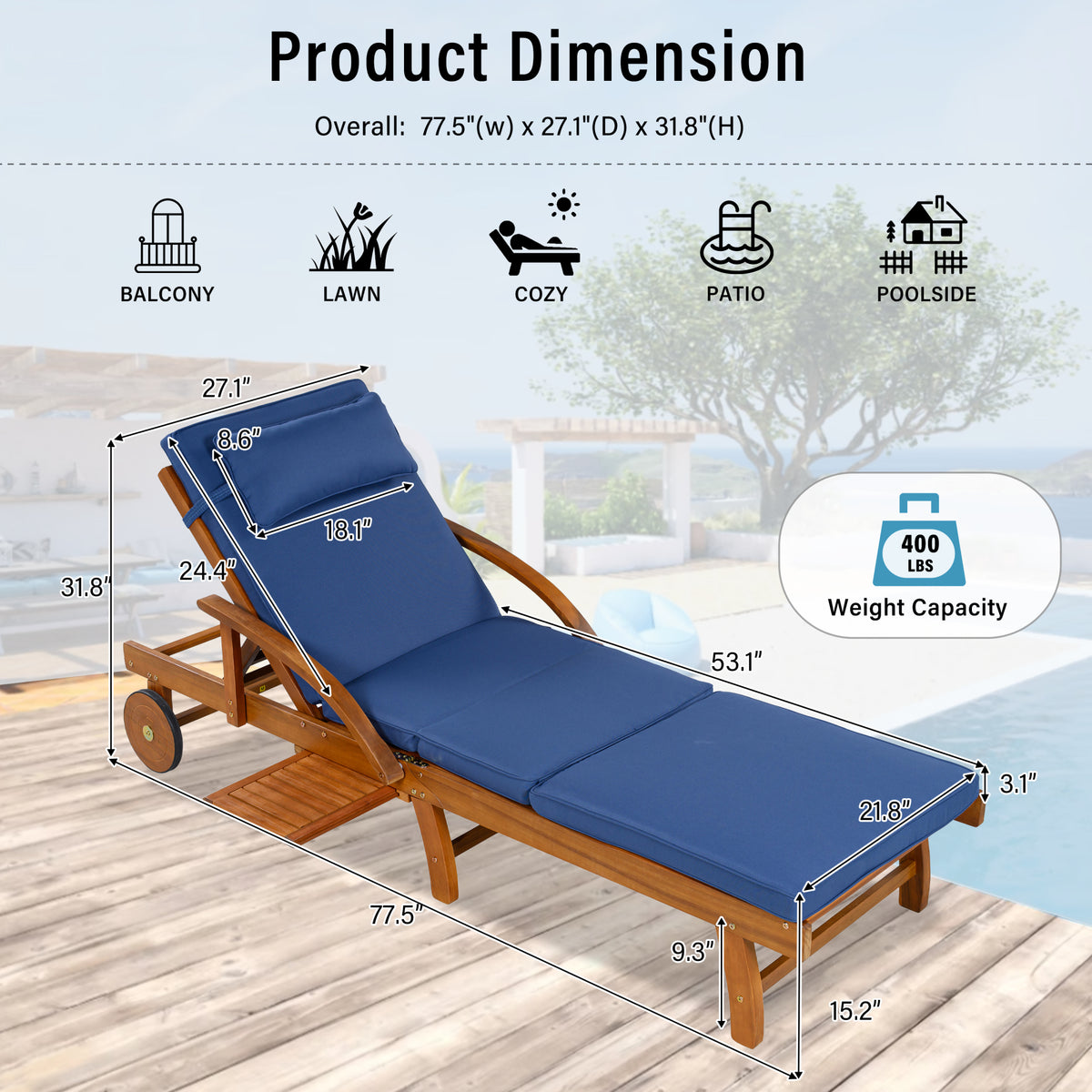variant-group:rf-n711p415859c|Roomfitters Modern Resort Navy Blue Acacia Wood Outdoor Chaise Lounge Chair, Poolside Recliner, Retractable Tray