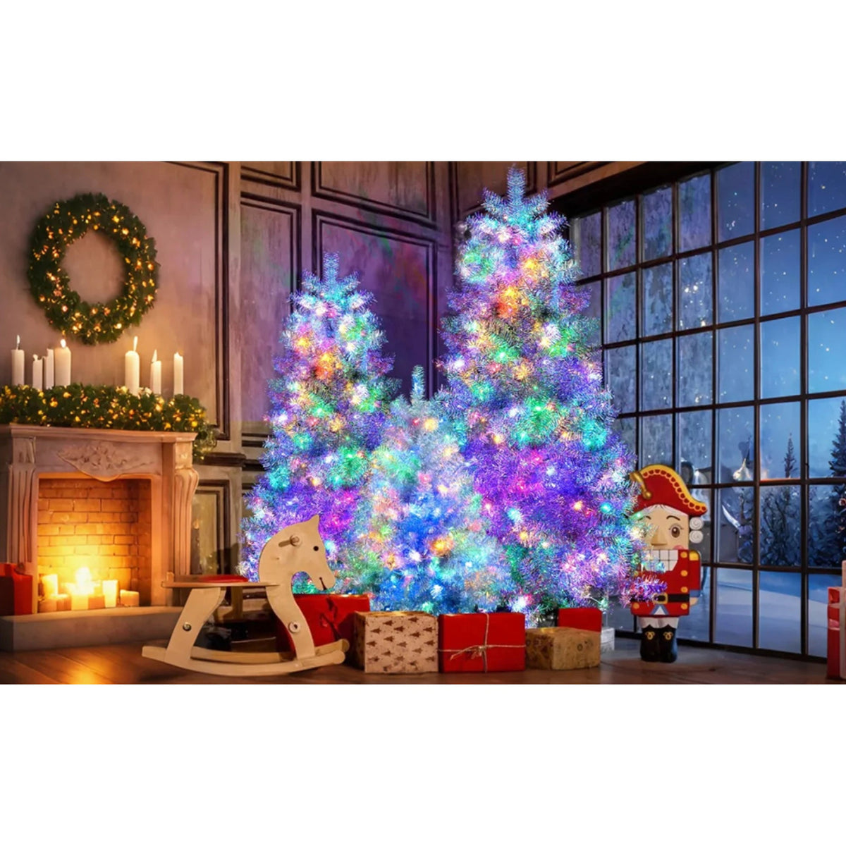 Roomfitters Pre-Lit Artificial Christmas Tree Set 4FT 6FT 7.4FT, Holiday Trees with Metal Stands, Warm Lights, 2400 Tips, Silver Roomfitters