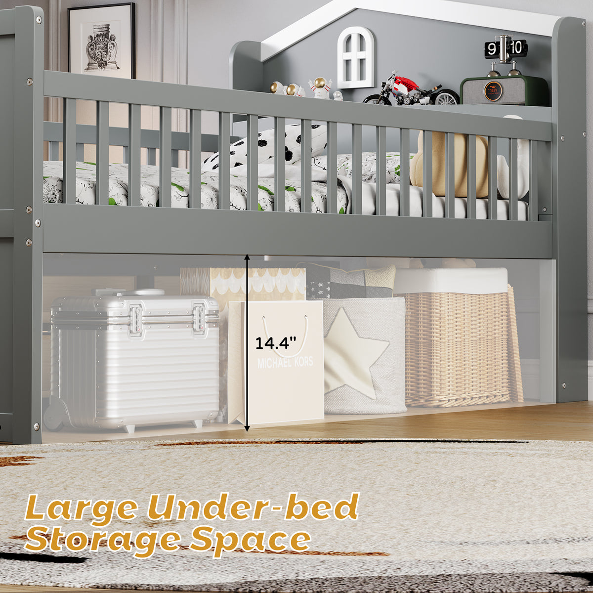 variant-group:rf-n733s278032e|Roomfitters Twin Platform Bed Frame with Four Drawers, Wooden Kids Bed with Guardrail Headboard and Ladder, Gray