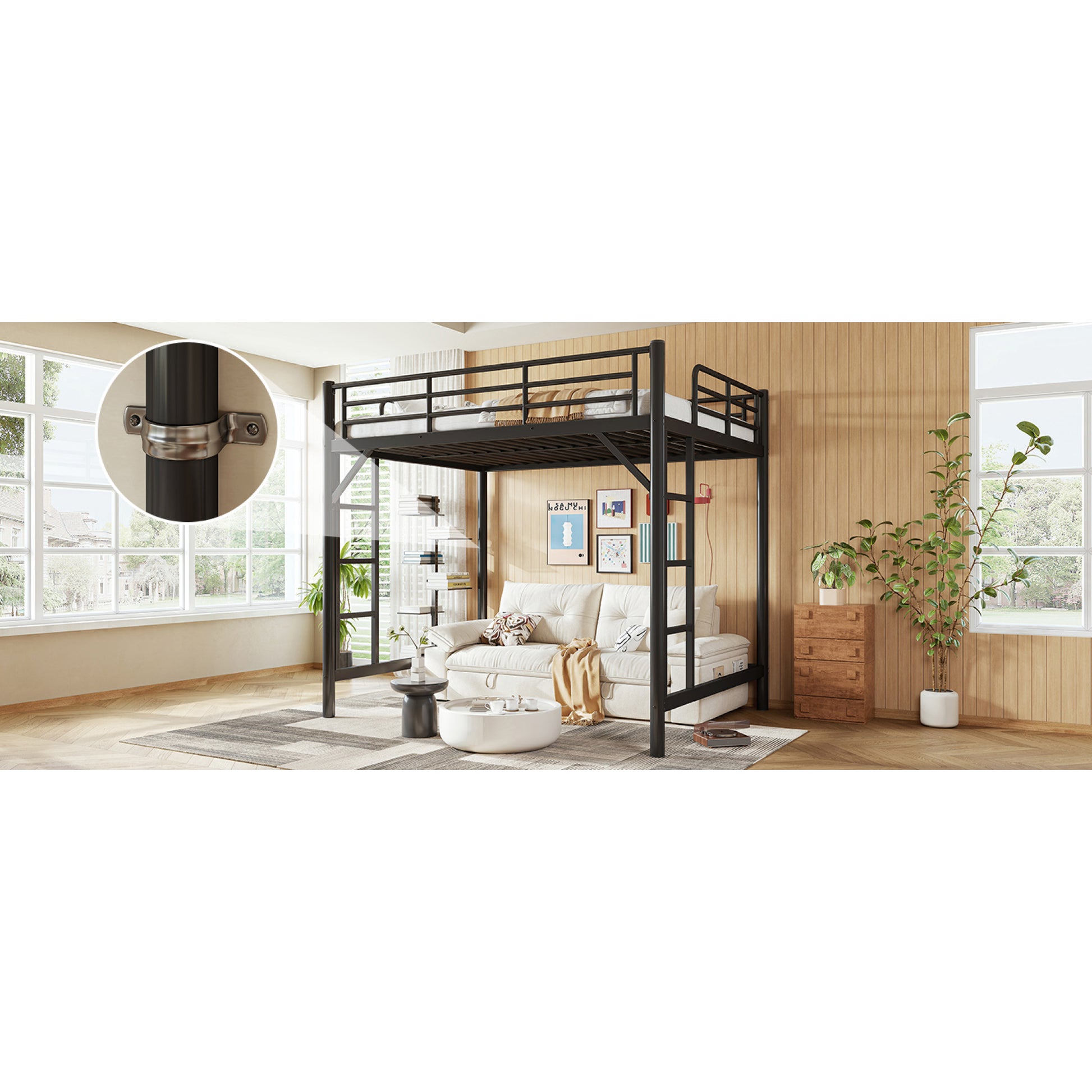 variant-group:rf-w1580p455015|Roomfitters Full Size Metal Loft Bed Frame with Guardrails, Heavy Duty Space Saving High Loft Bed Dual Ladders, Black