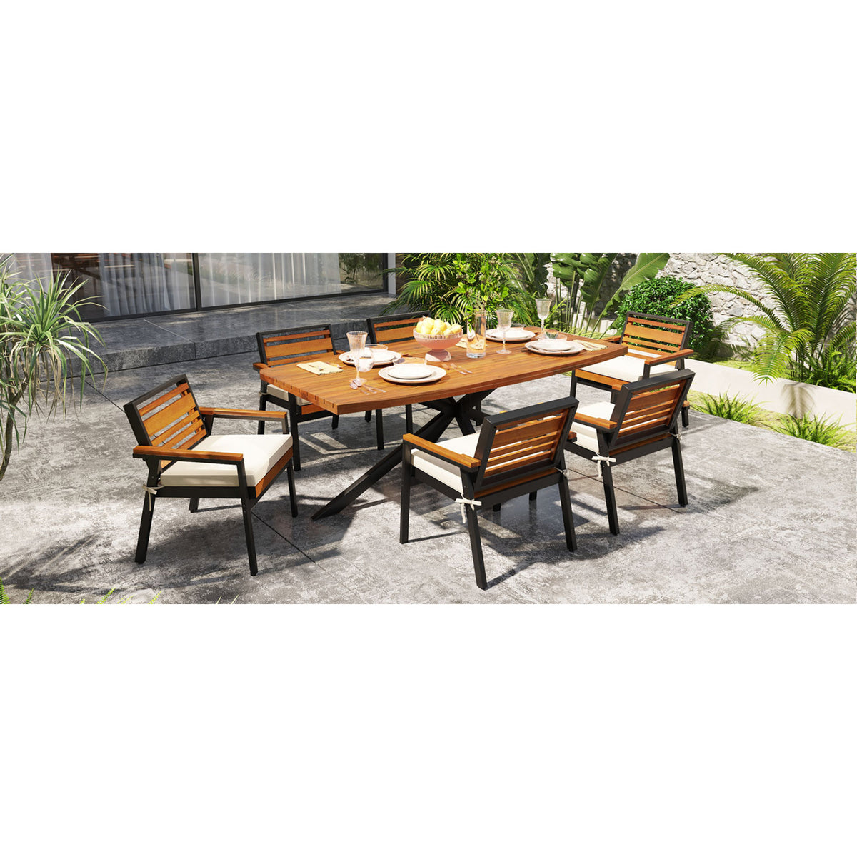variant-group:rf-n704g201259a|Roomfitters Modern 7-Piece Patio Dining Set with Powder-Coated Iron Frame and Detachable Beige Cushions