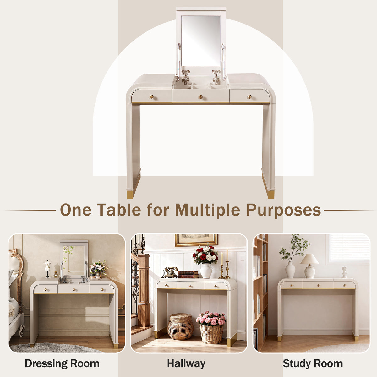 variant-group:rf-n704p381406c|Roomfitters Flip Top Vanity Desk with Mirror and Hidden Storage, Modern Makeup Table with Gold Trim for Small Space, Champagne