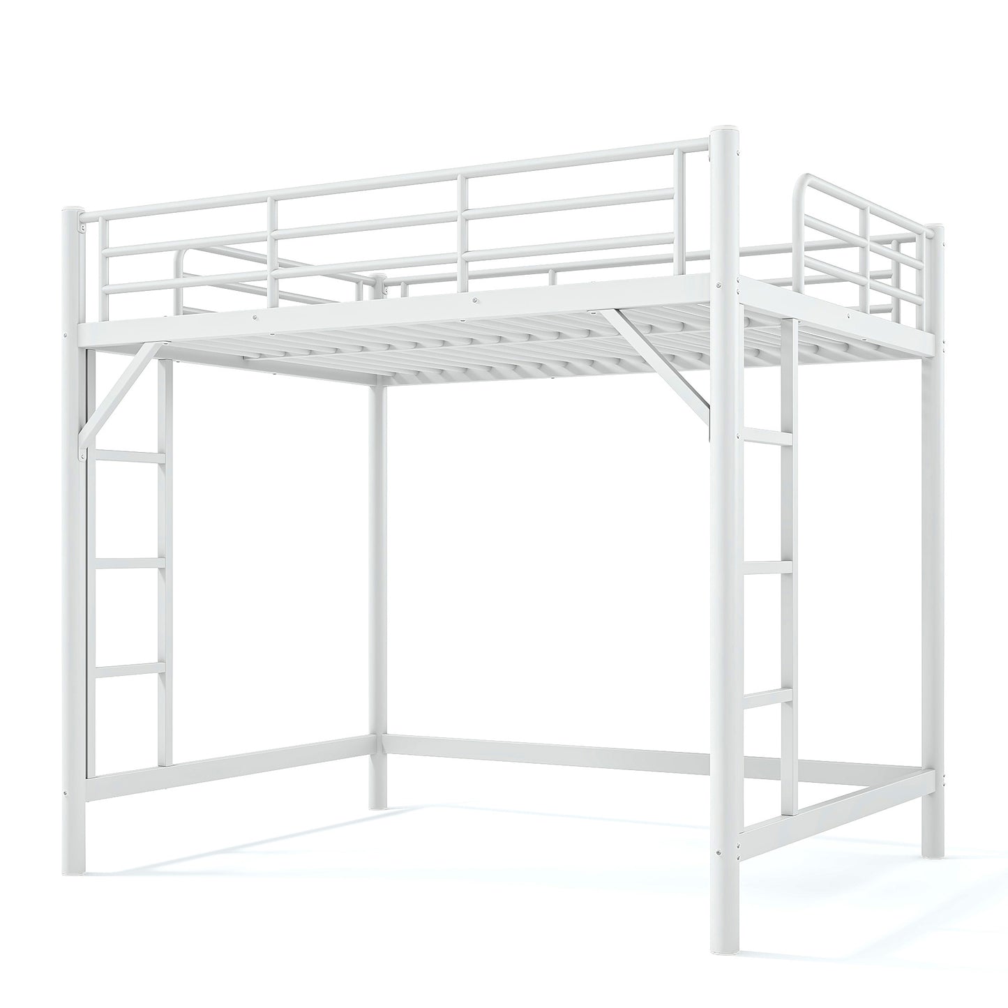 variant-group:rf-w1580p455016|Roomfitters Full Size Metal Loft Bed Frame with Guardrails, Heavy Duty Space Saving High Loft Bed Dual Ladders, White