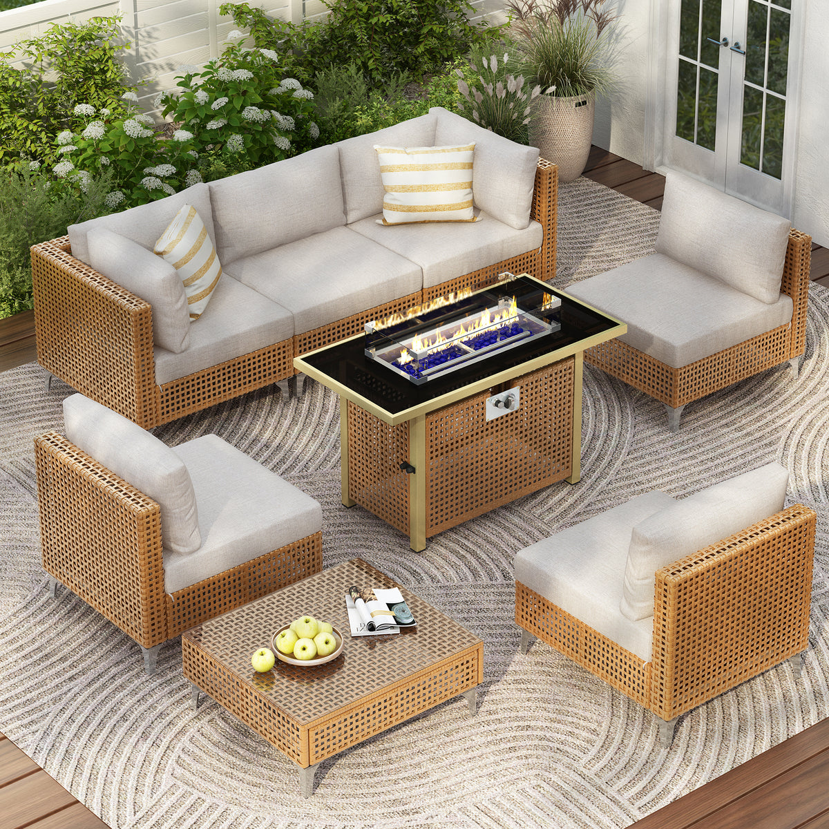 variant-group:rf-n707s000012z|Roomfitters 8-Piece Patio Furniture Set with 43" Fire Pit Table, Outdoor Conversation Set with Thick Cushions, Beige
